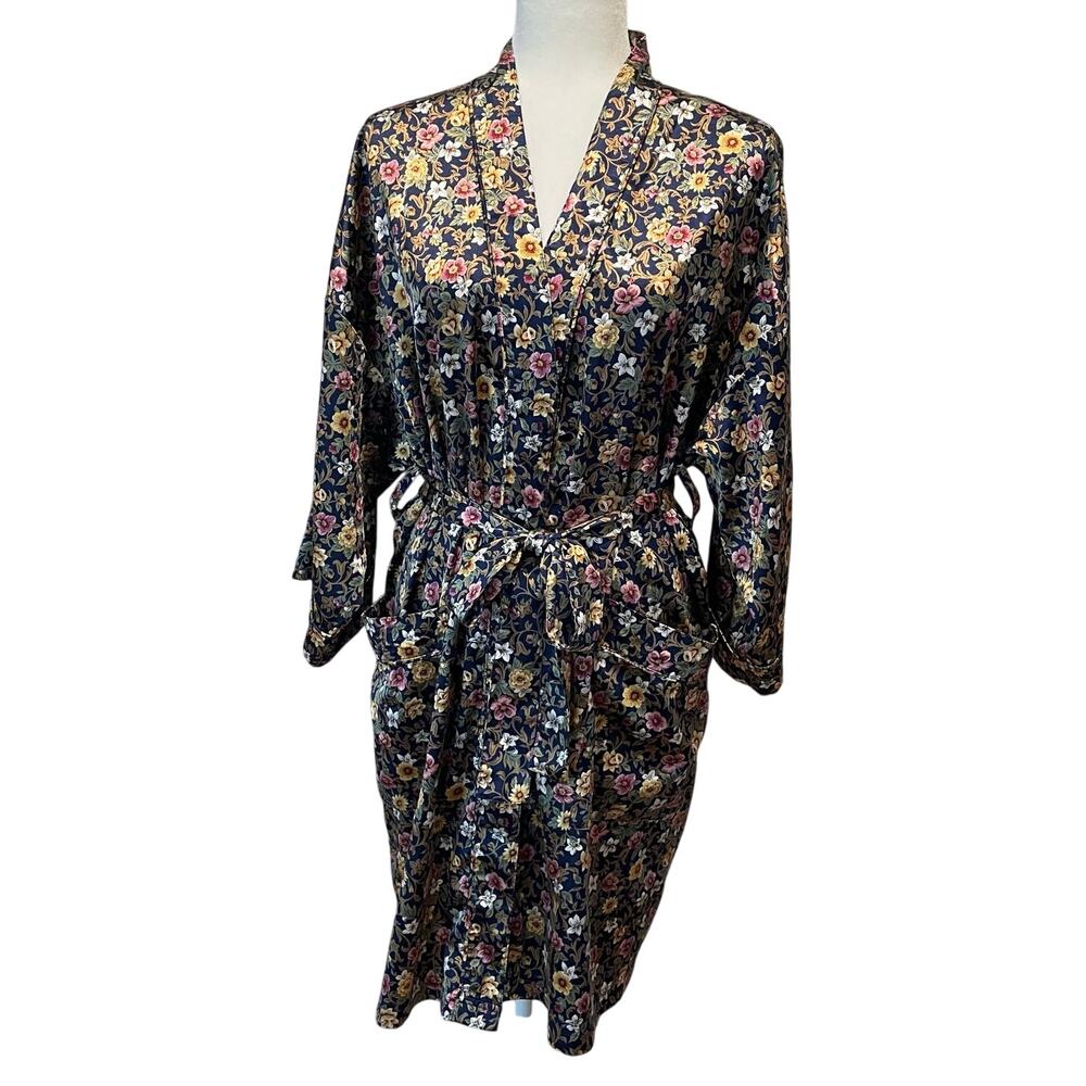 Talbots Intimates Satin Kimono Floral Robe Sz S Pockets Sash Belt Classic Travel